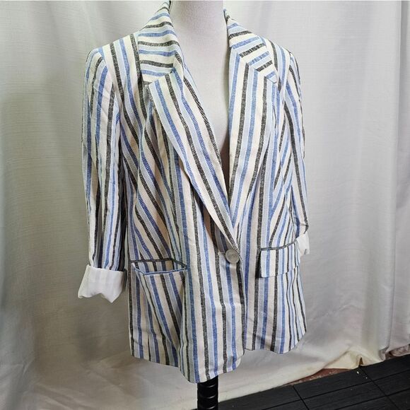 Kasper Striped Linen Blend One Button Blazer Jacket Size 14W - Picture 3 of 10